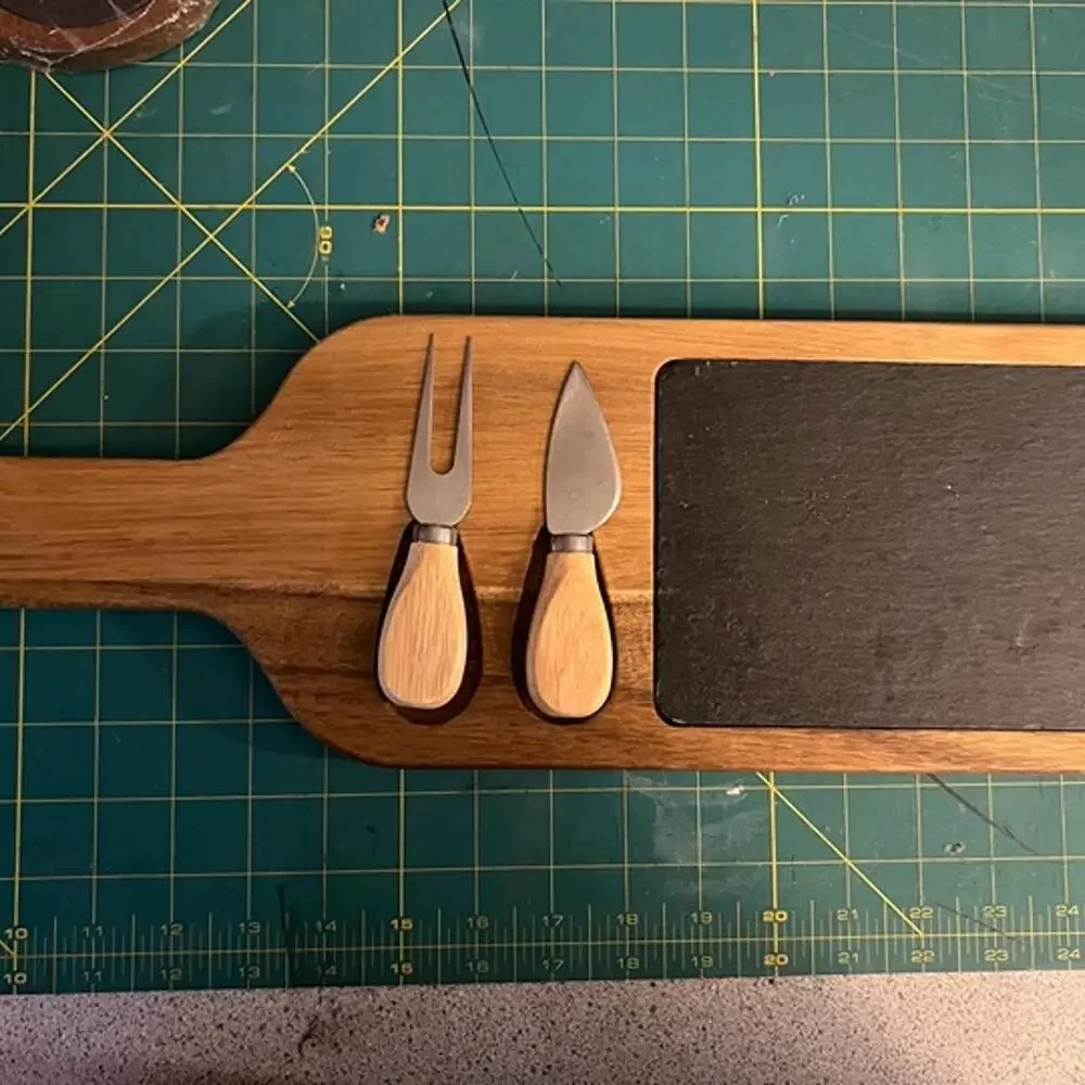 Wine Bottle Shaped Cheese Board with Slate Insert and Knives – New